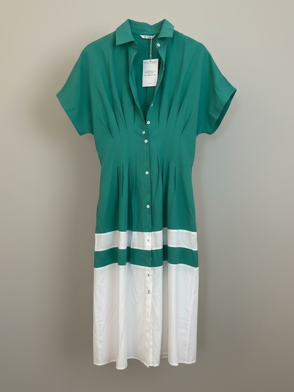 Green and White Button-Front Midi Dress